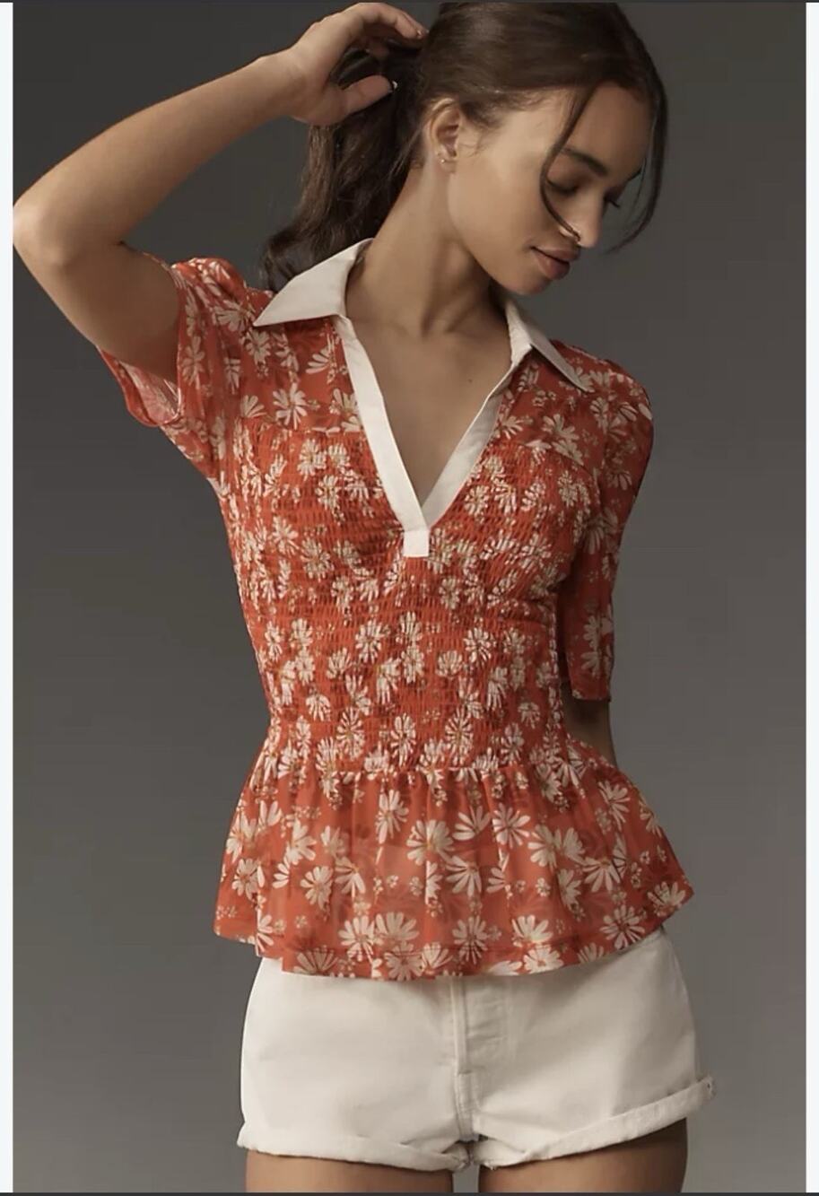 Maeve Anthropologie Red Floral Smocked Mesh Peplum Top Short Sleeve Medium